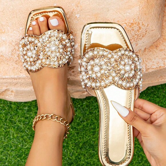 Gold Glamorous Women's Golden Rhinestone Slippers sandals - Picture 1 of 6